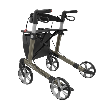 The Rehasense Varsity Folding Aluminum Rollator is lightweight with four wheels, hand brakes, a black storage pouch, and "VARSITY" on the frame—ideal for assisting with mobility.