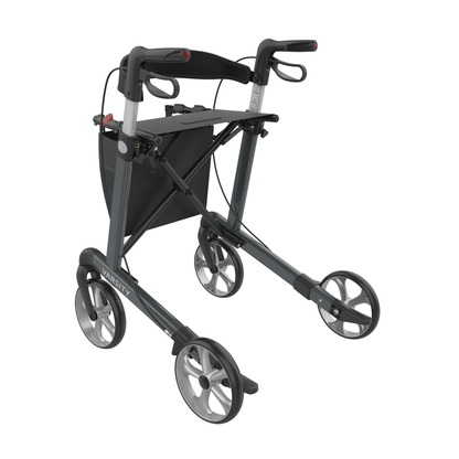 The Rehasense Varsity Folding Aluminum Rollator is a lightweight walker with four large wheels, hand brakes, and a black storage pouch between the handles to assist with mobility.