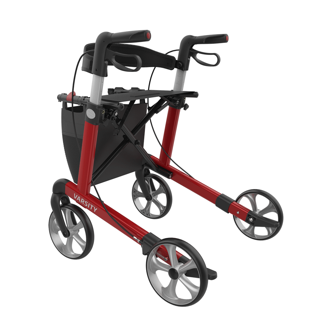 The Rehasense Varsity Folding Aluminum Rollator features a lightweight red and black frame, hand brakes, storage pouch, and Varsity branding—designed to aid mobility.