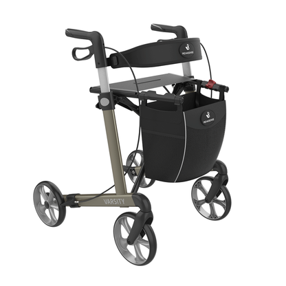 The Rehasense Varsity Folding Aluminum Rollator features hand brakes, a padded seat, storage pouch, adjustable handles, and a metallic frame with black and grey accents—offering both style and comfort.