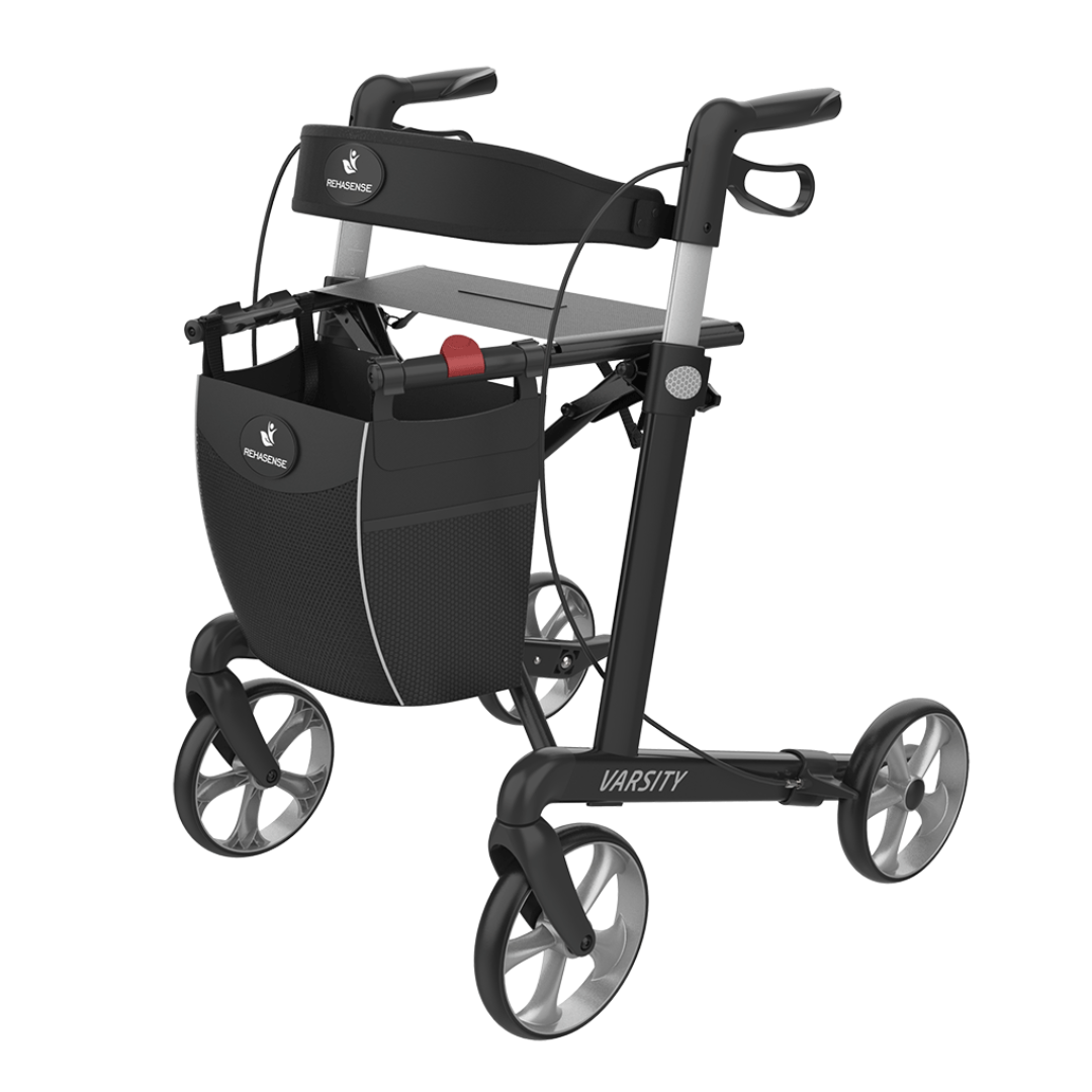 The Rehasense Varsity Folding Aluminum Rollator is a black, lightweight four-wheel walker with adjustable handles, hand brakes, storage basket, built-in seat, and the brand name on its sturdy frame.