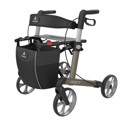 The Rehasense Varsity Folding Aluminum Rollator features four large wheels, ergonomic handles, a built-in seat, a storage basket, and the brand name displayed on its lightweight aluminum frame.
