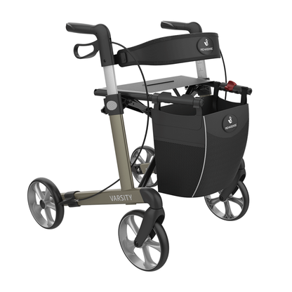 The Rehasense Varsity Folding Aluminum Rollator is modern and lightweight, featuring four wheels, a black and gray frame, ergonomic handles, built-in seat, and a detachable storage bag for convenience.