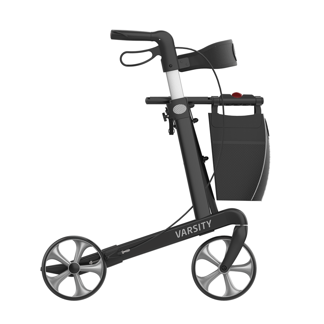 The Rehasense Varsity Folding Aluminum Rollator is modern and lightweight, featuring four large wheels, ergonomic handles with hand brakes, and a detachable bag on the frame.