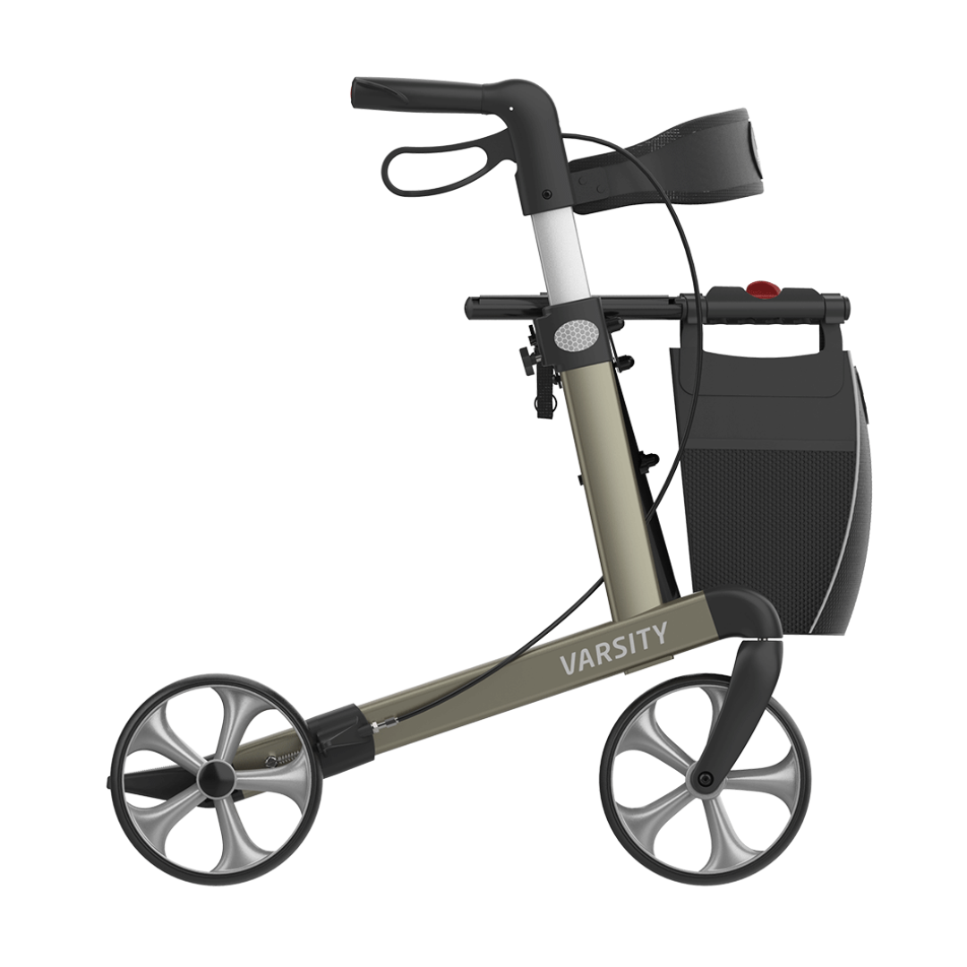 Side view of the Rehasense Varsity Folding Aluminum Rollator featuring large wheels, hand brakes, a padded seat, and a black front storage bag.