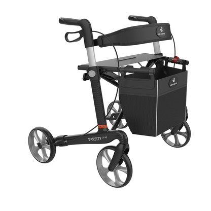 The Rehasense Varsity CF HD Bariatric Lightweight Rollator is a black four-wheel mobility aid with a seat, storage bag, and hand brakes. The modern frame displays the Varsity branding on the side.
