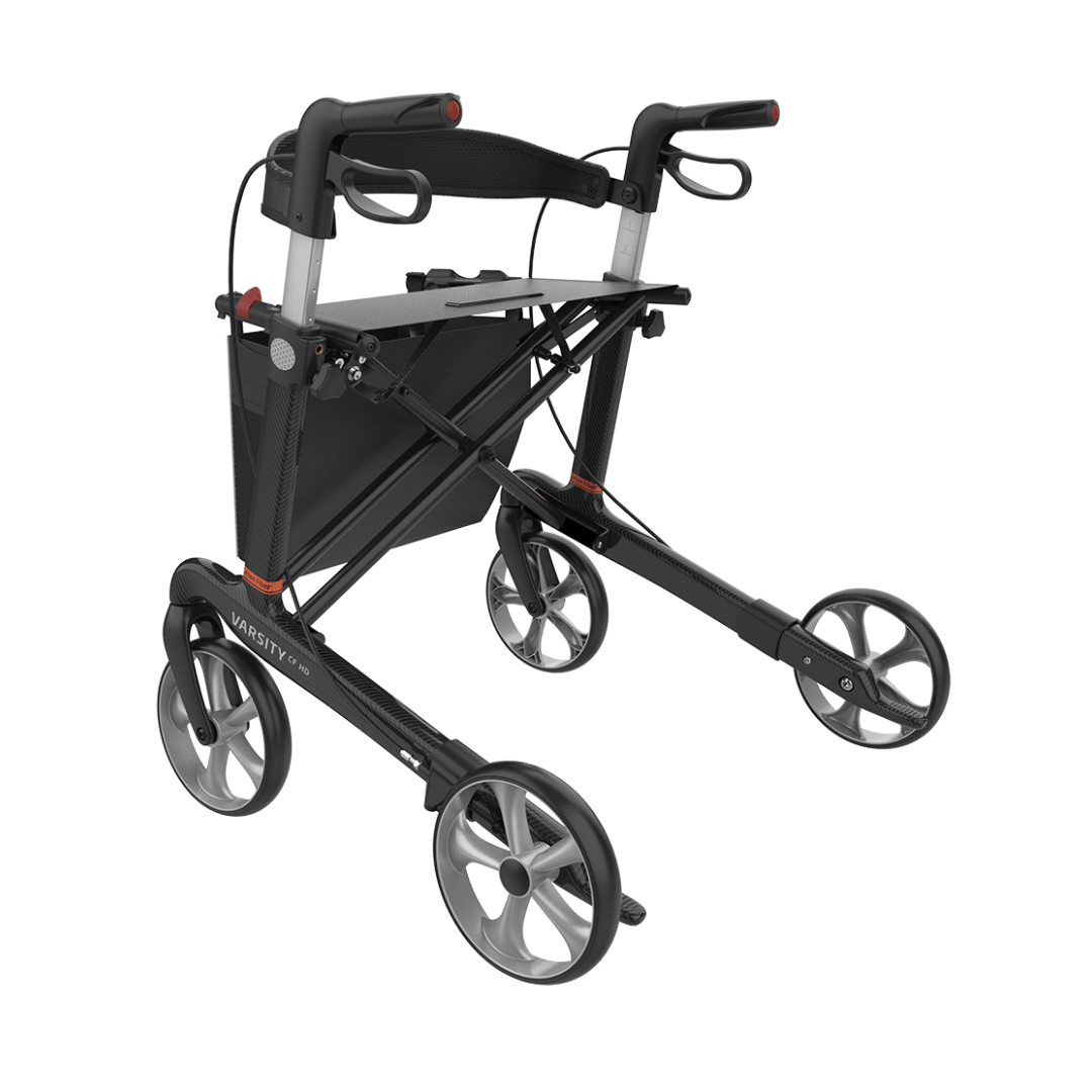 The Rehasense Varsity CF HD Bariatric Lightweight Rollator features a black and gray design, hand brakes, a seat, and a built-in storage pouch located beneath the seat.