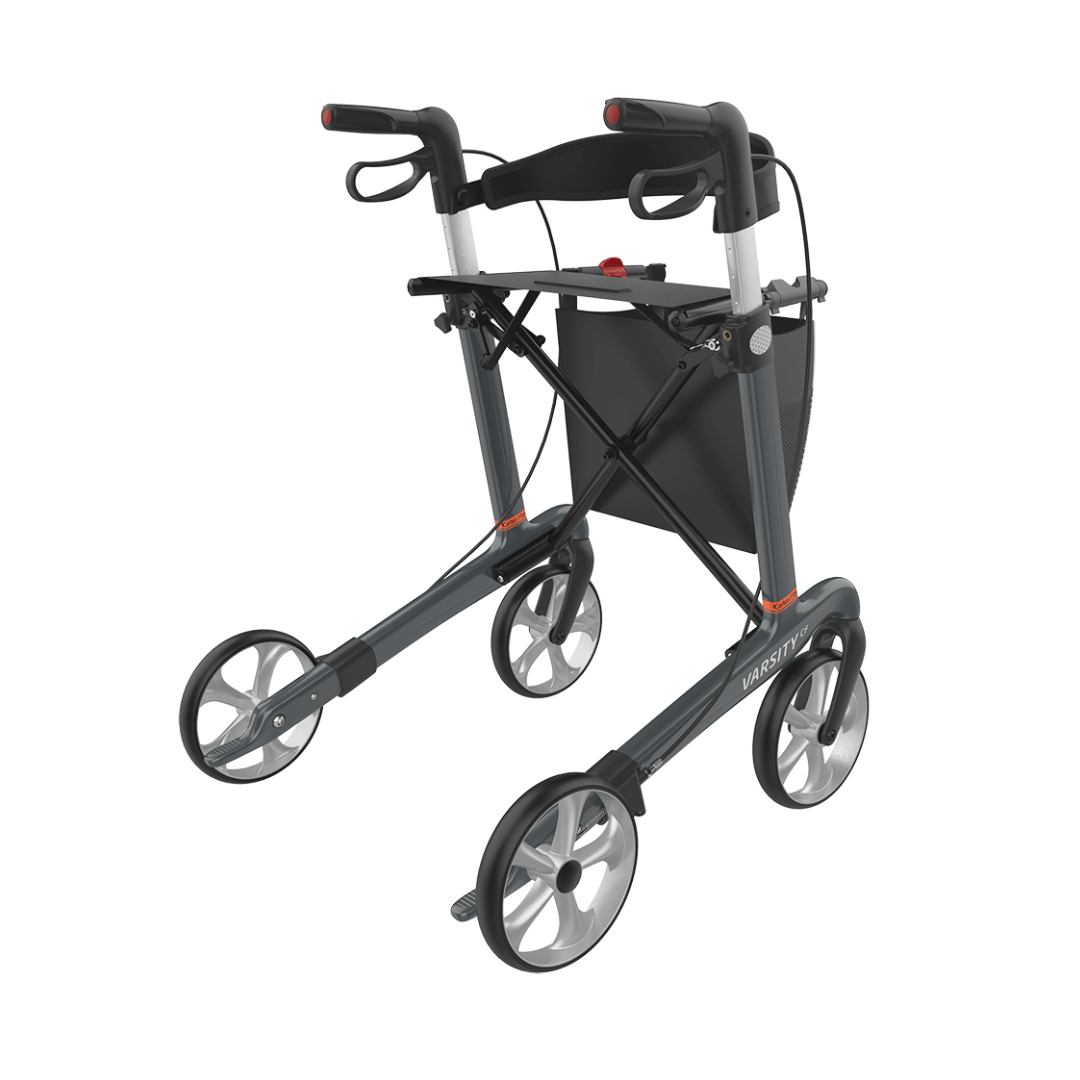 The Rehasense Varsity CF Ultra-Lite Carbon Fiber Rollator features a black frame, large wheels, hand brakes, and a storage pouch—offering reliable performance in a sleek, lightweight design.