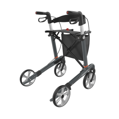 The Rehasense Varsity CF Ultra-Lite Carbon Fiber Rollator features a black frame, large wheels, hand brakes, and a storage pouch—offering reliable performance in a sleek, lightweight design.