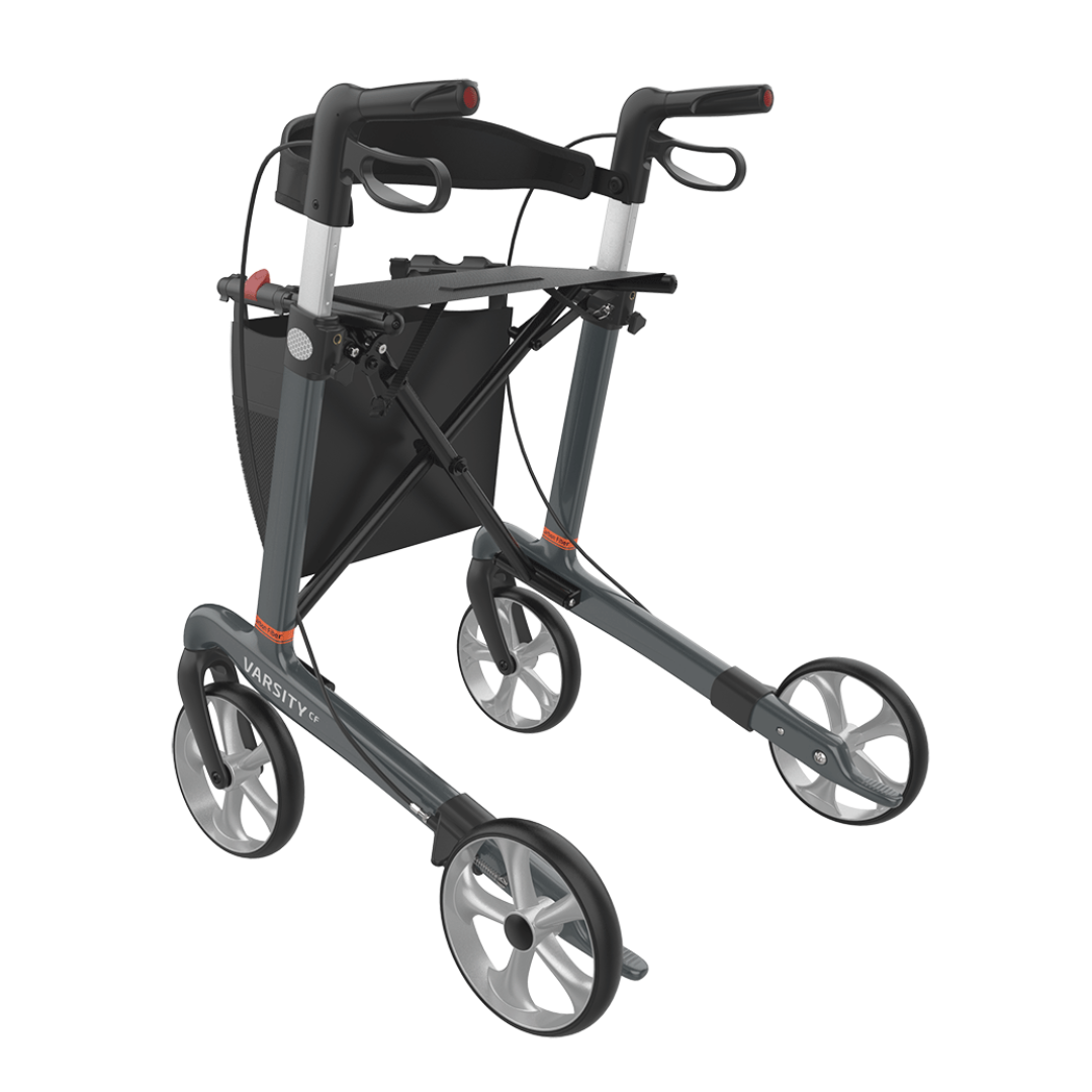 The Rehasense Varsity CF Ultra-Lite Carbon Fiber Rollator offers easy mobility with four large wheels, ergonomic handles, hand brakes, a black storage bag, and a durable yet lightweight carbon fiber frame.
