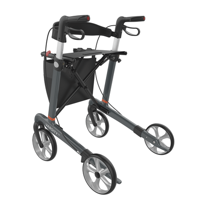The Rehasense Varsity CF Ultra-Lite Carbon Fiber Rollator offers easy mobility with four large wheels, ergonomic handles, hand brakes, a black storage bag, and a durable yet lightweight carbon fiber frame.