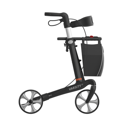 The Rehasense Varsity CF Ultra-Lite Carbon Fiber Rollator features a modern black frame, four large wheels, ergonomic handles, a removable bag, and "VARSITY" branding for style and durability.