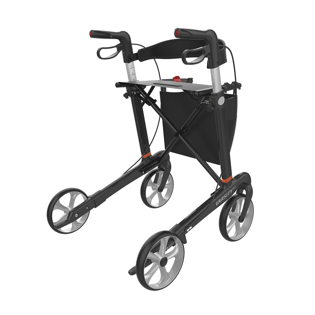 The Rehasense Varsity CF Ultra-Lite Carbon Fiber Rollator boasts a lightweight black carbon fiber frame, four large wheels, hand brakes, a comfy seat, and a convenient storage pouch under the seat.