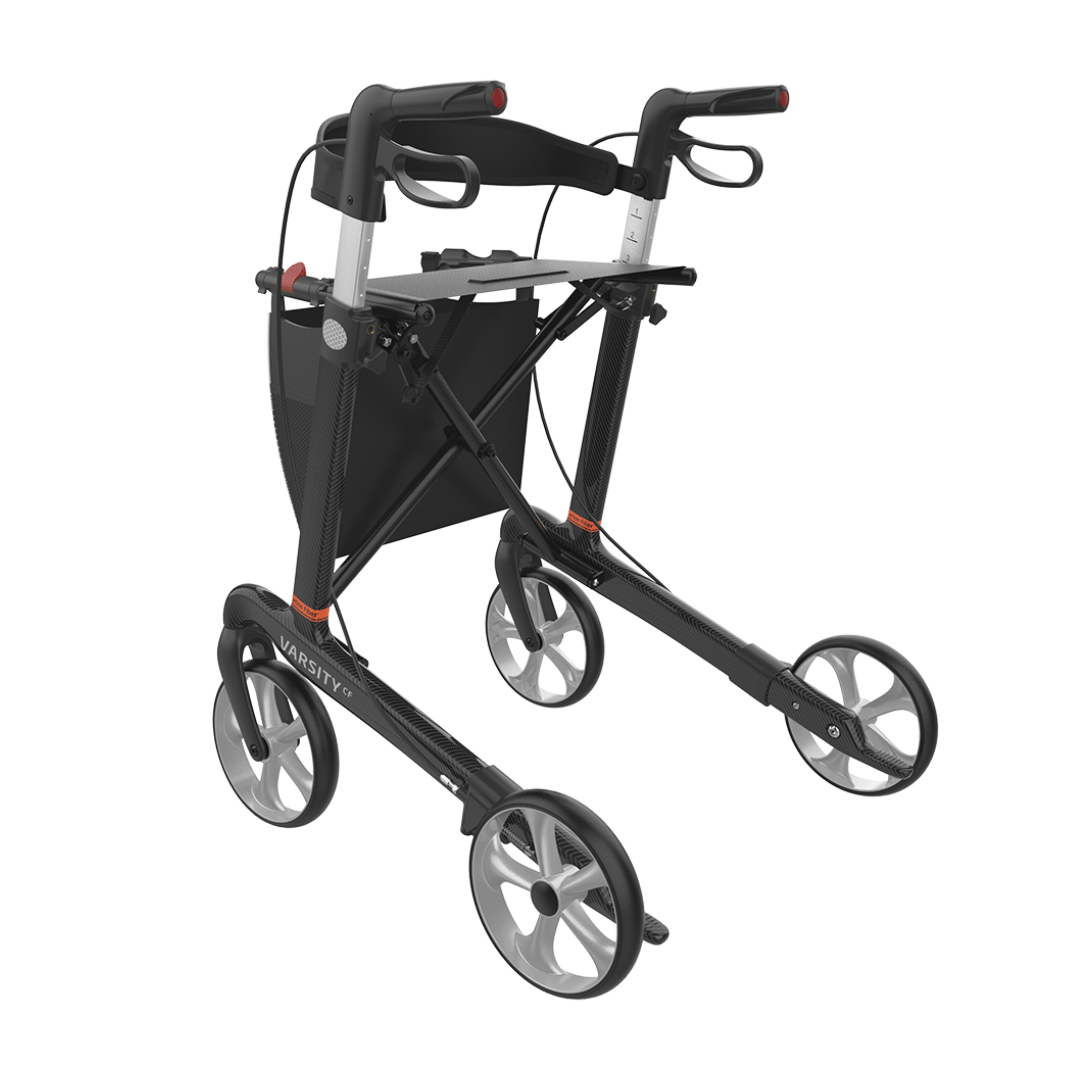 The Rehasense Varsity CF Ultra-Lite Carbon Fiber Rollator is a black, lightweight walker featuring four large wheels, ergonomic handles, a sturdy frame, and a storage bag for easy and reliable mobility assistance.