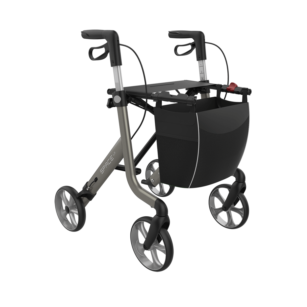 The Rehasense Space LX Art Deco Ultralight Rollator is an aluminium rollator with four wheels, ergonomic handles, hand brakes, a built-in basket, and a gray-black frame for enhanced mobility assistance.
