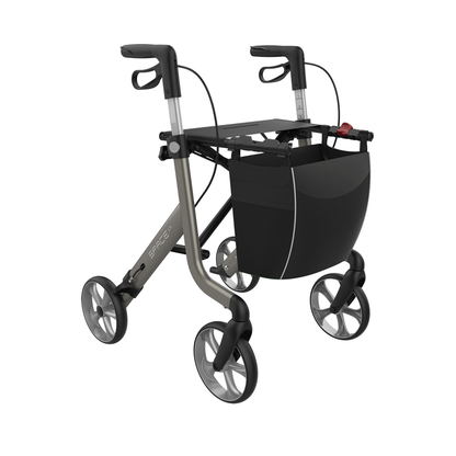 The Rehasense Space LX Art Deco Ultralight Rollator is an aluminium rollator with four wheels, ergonomic handles, hand brakes, a built-in basket, and a gray-black frame for enhanced mobility assistance.
