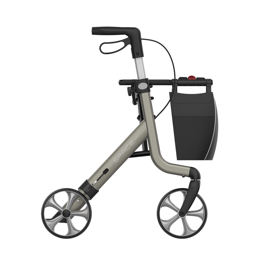 The Rehasense Space LX Art Deco Ultralight Rollator has four large wheels, ergonomic handles, a small mesh storage bag, and a metallic gray frame with black and silver accents.