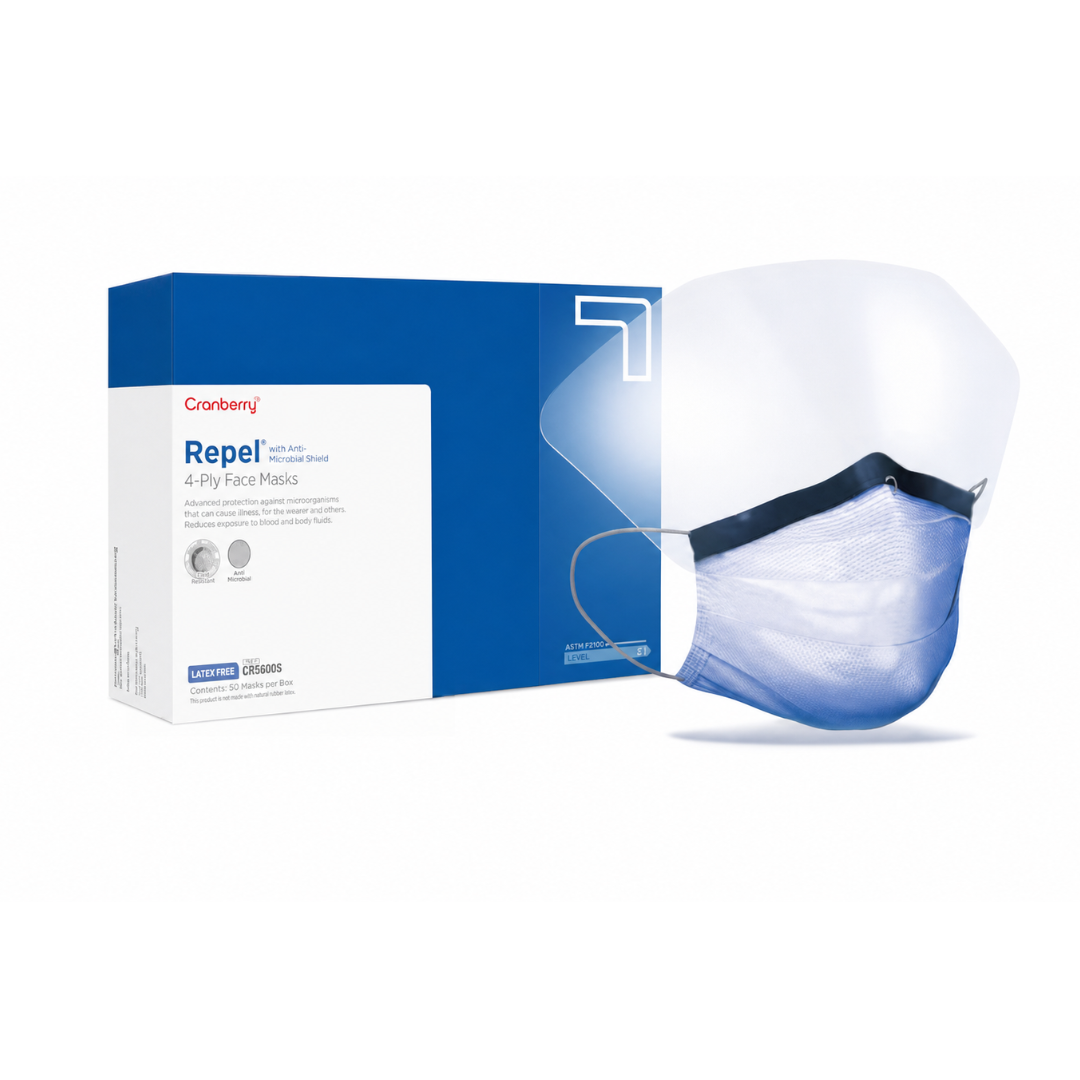 A box labeled Repel Surgical Combination Mask / Shield ASTM Level 3 Anti-Fog Sapphire sits next to a single blue disposable mask, with a transparent anti-fog shield overlaying the image. These masks offer outstanding protection and visual clarity for everyday use.