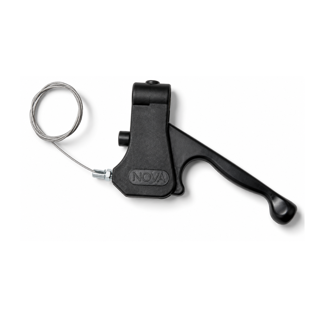 A black plastic Replacement Hand Brake with Cable-Set for Nova Mobility Aids, featuring "NOVA" embossed on the lever housing. Durable and easy to install—ideal as a reliable replacement hand brake for mobility equipment.