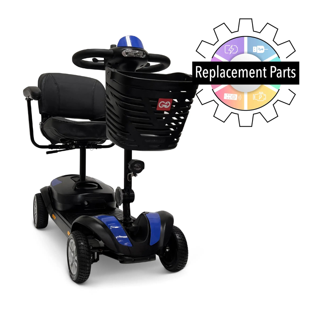 A blue and black ComfyGo Z-4 mobility scooter with a front basket appears beside a colorful gear icon labeled "Replacement Parts," showcasing OEM-compatible parts for easy maintenance.