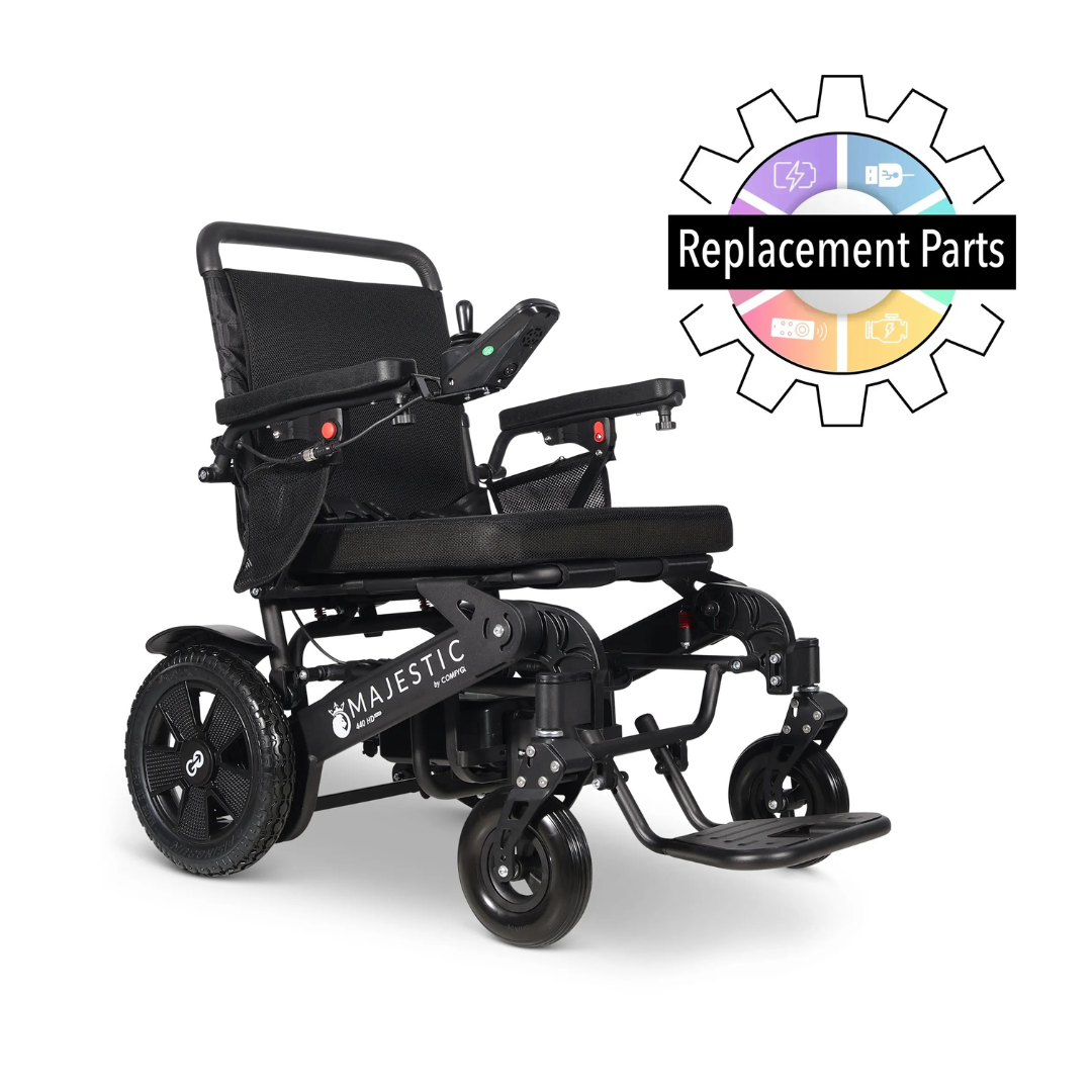 Replacement Parts for Comfygo 440-HD PLUS Electric Wheelchair are shown with a black wheelchair featuring armrests, footrest, and a Majestic control panel. A gear graphic in the background displays "Replacement Parts" with colorful icons.