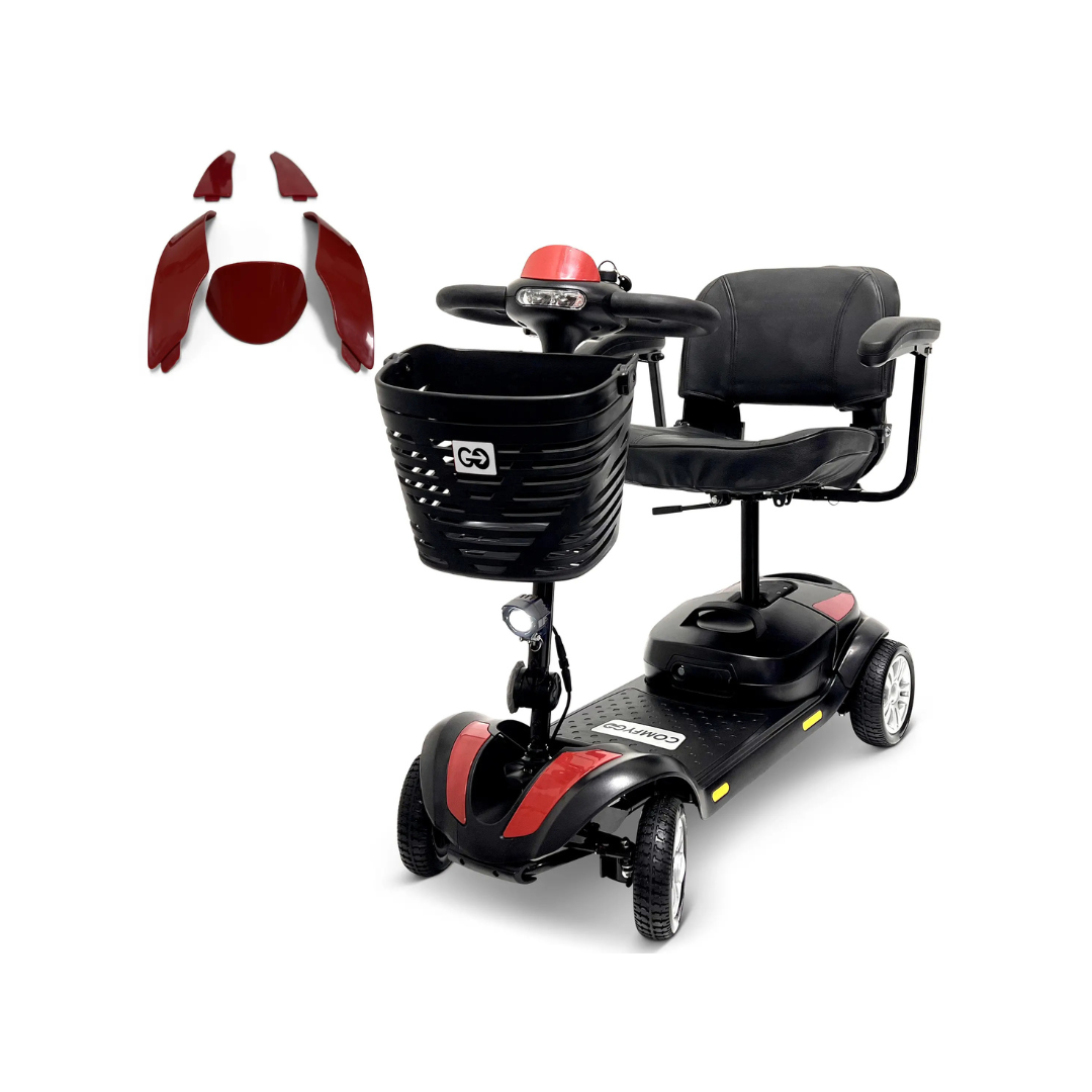 Replacement Parts for ComfyGo Z-4 Mobility Scooter—includes black four-wheel scooter features like a padded seat, front basket, and red interchangeable panels; ideal for those needing OEM-compatible ComfyGo Z-4 replacement parts.