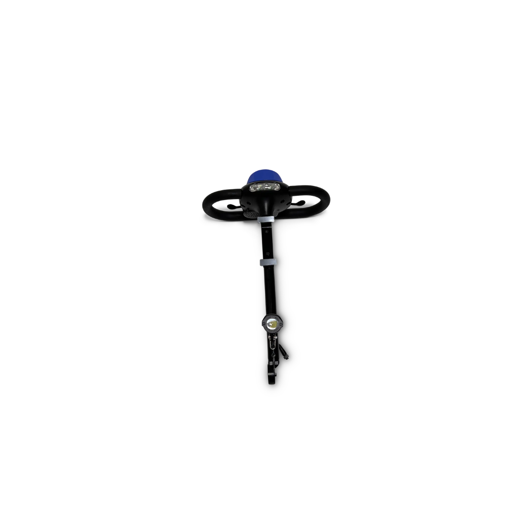 Top-down view of a black and blue metal detector with a circular search coil and control panel on a white background, echoing the sleek design of Replacement Parts For ComfyGo Z-4 Mobility Scooter.
