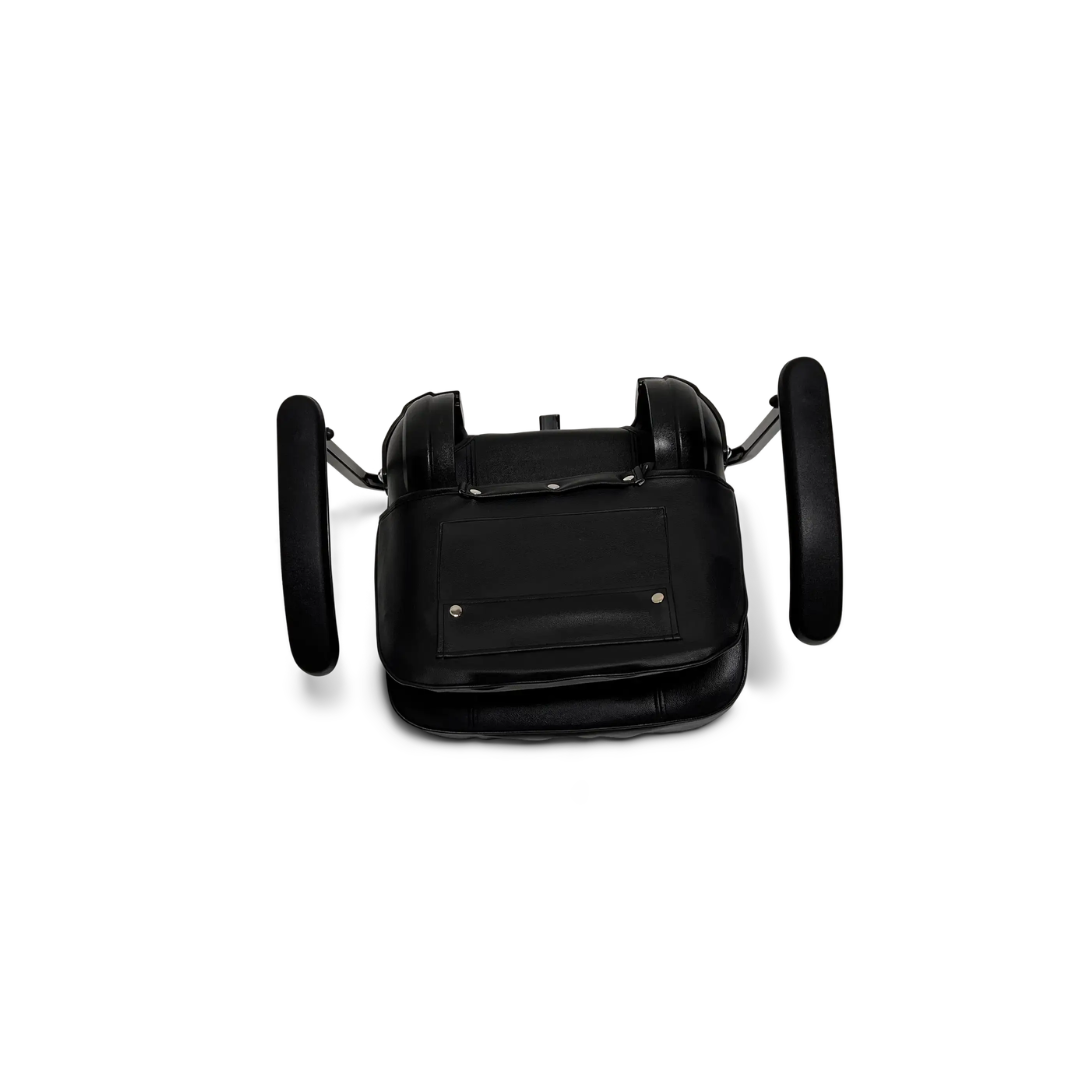 A black replacement seat with armrests and wheels for the ComfyGo Z-4 Mobility Scooter, viewed from above against a white background—perfect for those seeking OEM-compatible replacement parts to improve comfort and mobility.