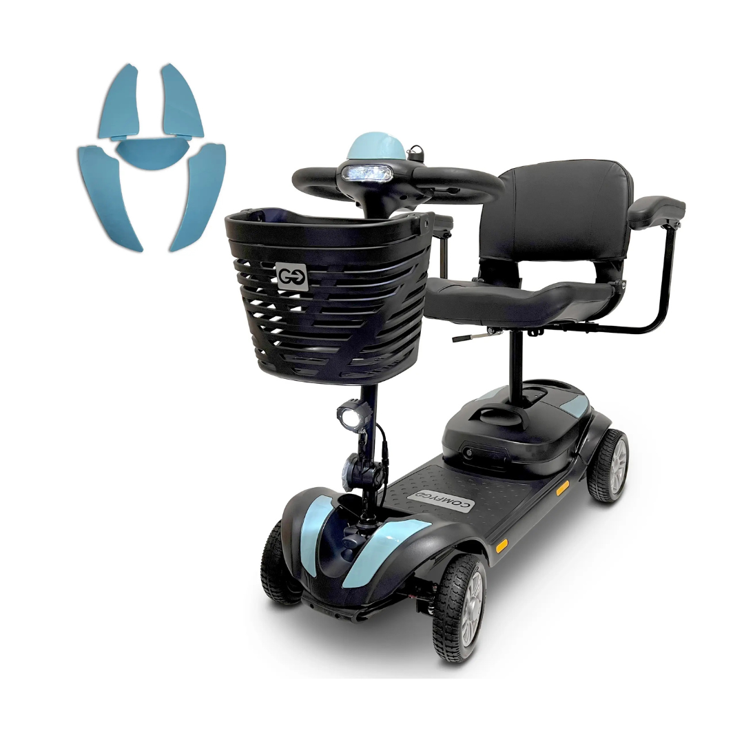 Replacement Parts For ComfyGo Z-4 Mobility Scooter: Black and blue four-wheel scooter with front basket, padded seat, armrests, and blue accent panels. Features OEM-compatible parts for a perfect fit.