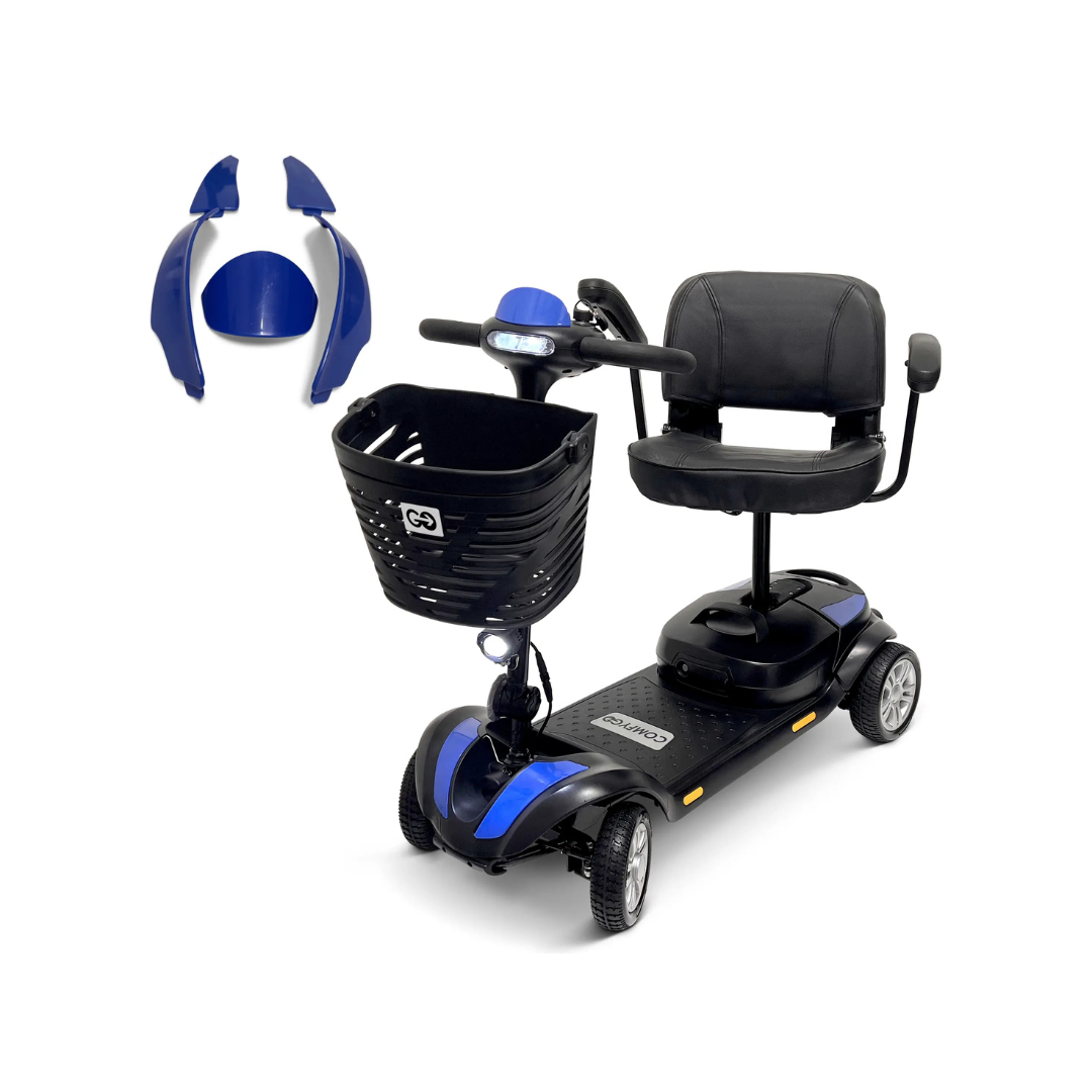 Blue Replacement Parts for the ComfyGO Z-4 Mobility Scooter are shown next to a black and blue scooter featuring a front basket and padded seat.