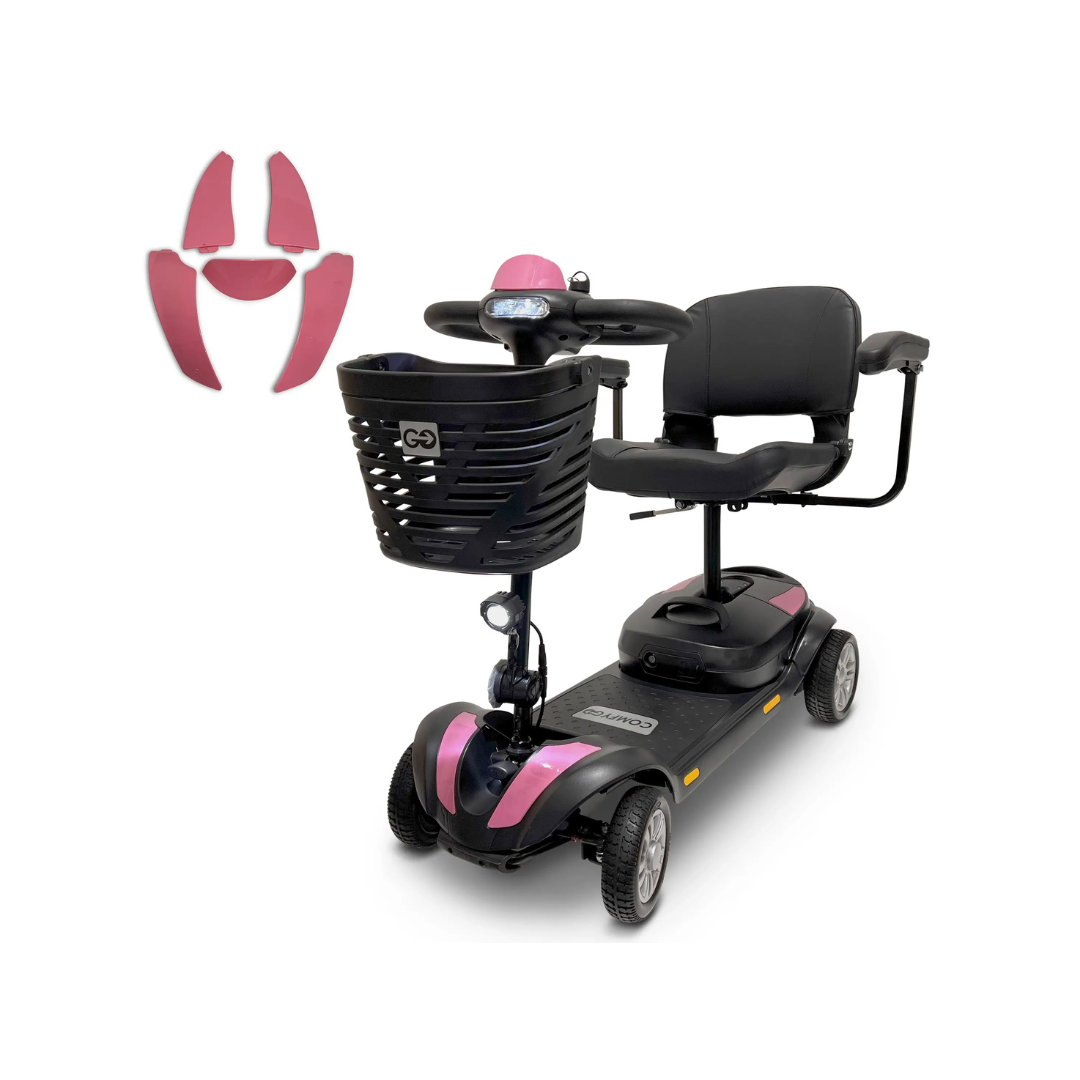 Replacement Parts for ComfyGo Z-4 Mobility Scooter are shown as pink accent panels, displayed on a four-wheeled scooter with a black seat, armrests, and front basket, and separately on the left against a white background.