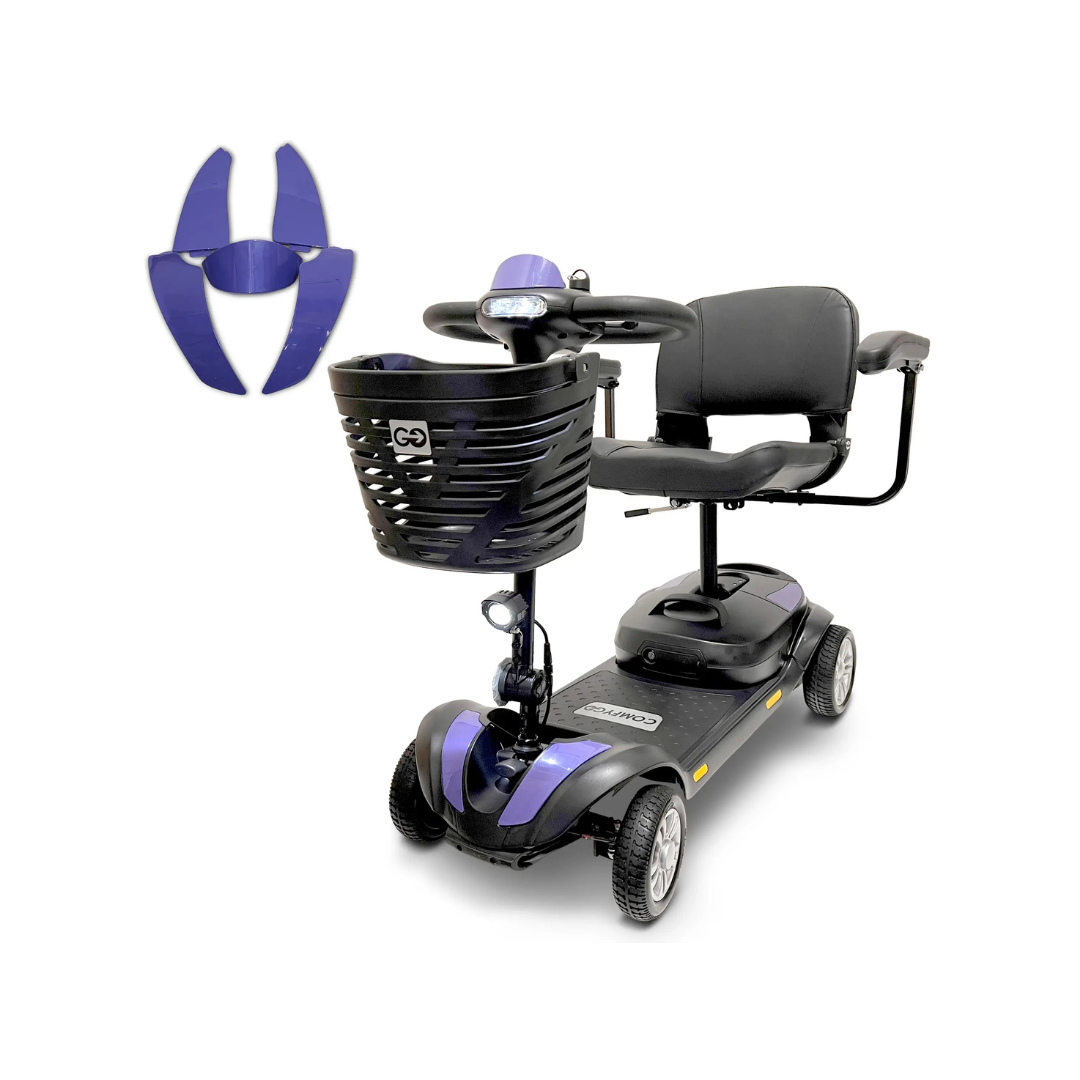 A four-wheel ComfyGO Z-4 mobility scooter with a black seat, front basket, and blue accents is shown on a white background. To the left are blue Replacement Parts for ComfyGO Z-4 Mobility Scooter, including an extra set of interchangeable panels.