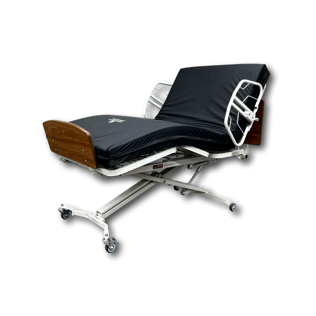 The Med-Mizer RetractaBed Bariatric Hi/Low Electric Bed, featuring a width-adjustable white metal frame, black mattress, wooden headboard and footboard, safety rails, and wheels, is shown against a plain white background.