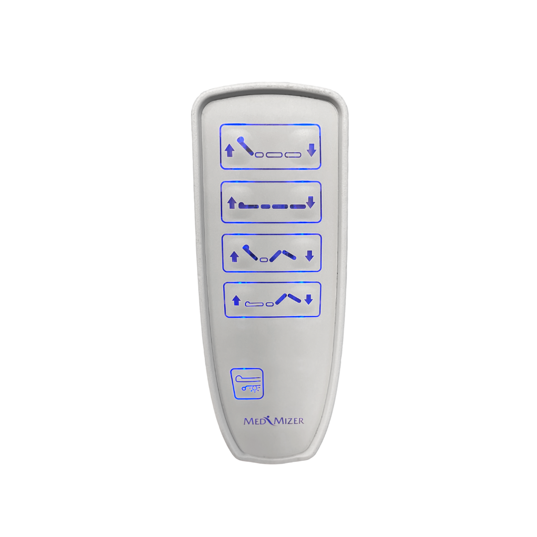 A white Med-Mizer remote for the RetractaBed Bariatric Hi/Low Electric Bed features four blue buttons with bed position icons and arrows, plus a bed icon button—ideal for Med-Mizer’s width-adjustable space-saving safety design.
