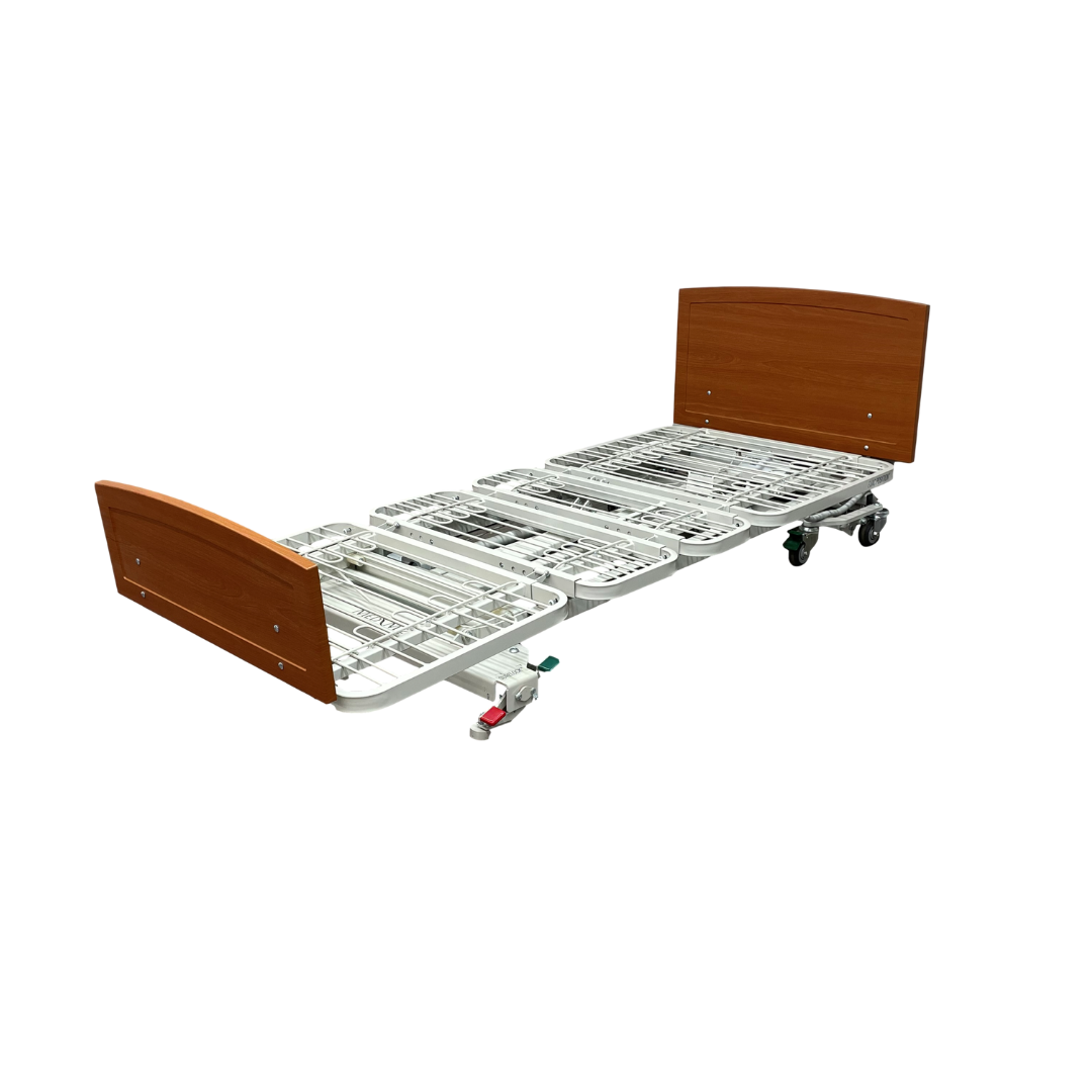 The Med-Mizer RetractaBed Bariatric Hi/Low Electric Bed features width adjustability, metal slats, adjustable sections, wood headboard and footboard, wheels, and optional safety rails. Shown on a white background.