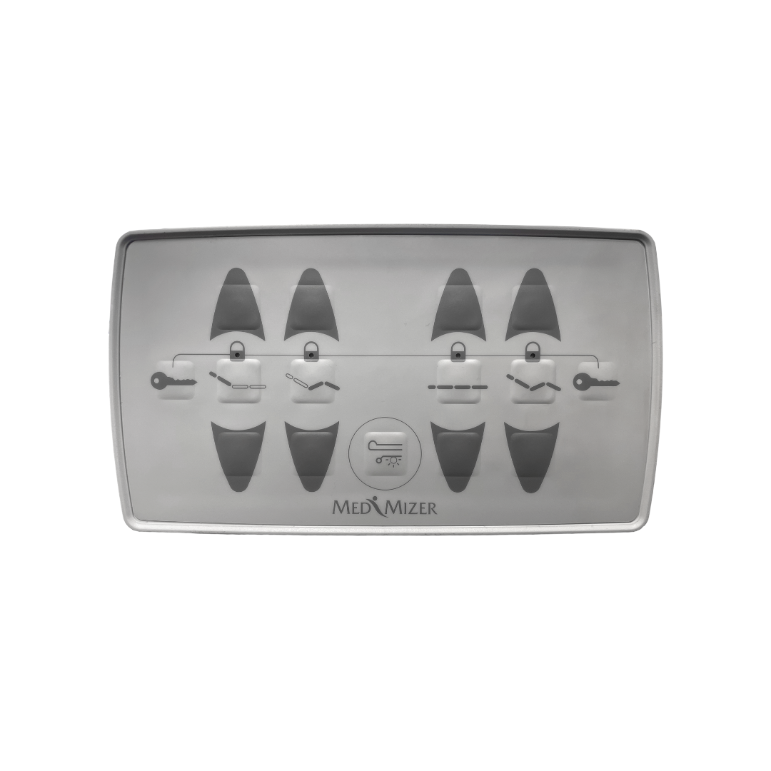 The Med-Mizer RetractaBed - Bariatric Hi/Low Electric Bed features a rectangular control panel with multiple black buttons and icons on a gray surface. Perfect for space-saving use, it includes safety rails and displays the Med-Mizer logo at the bottom.