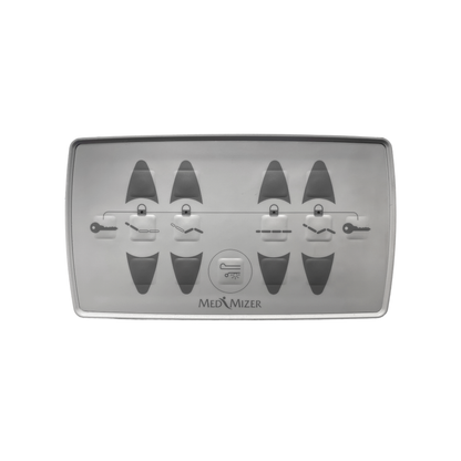 The Med-Mizer RetractaBed - Bariatric Hi/Low Electric Bed features a rectangular control panel with multiple black buttons and icons on a gray surface. Perfect for space-saving use, it includes safety rails and displays the Med-Mizer logo at the bottom.