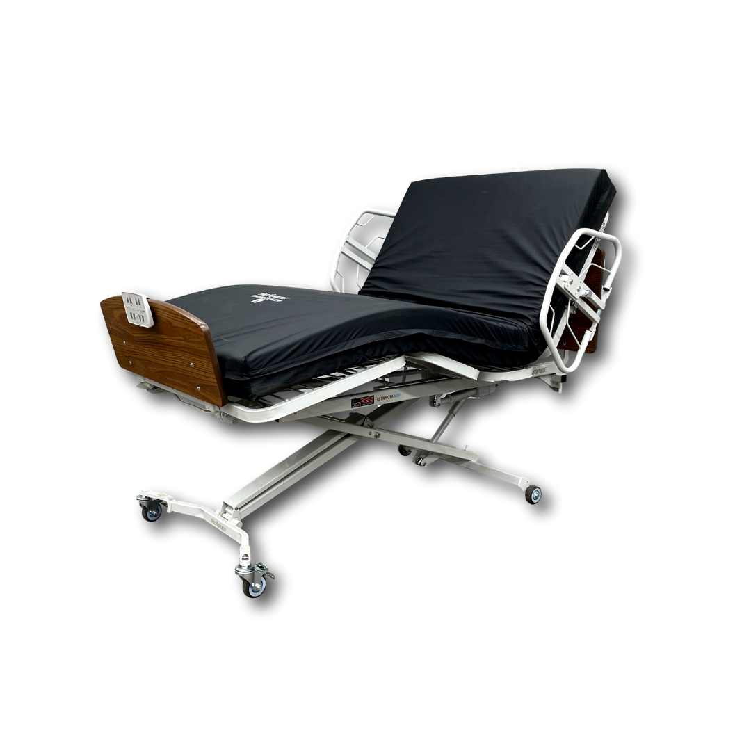 The Med-Mizer RetractaBed Bariatric Hi/Low Electric Bed features width adjustment, a black mattress, adjustable backrest, white metal frame, wood head/foot panels, safety rails, and four wheels for mobility, shown on a white background.