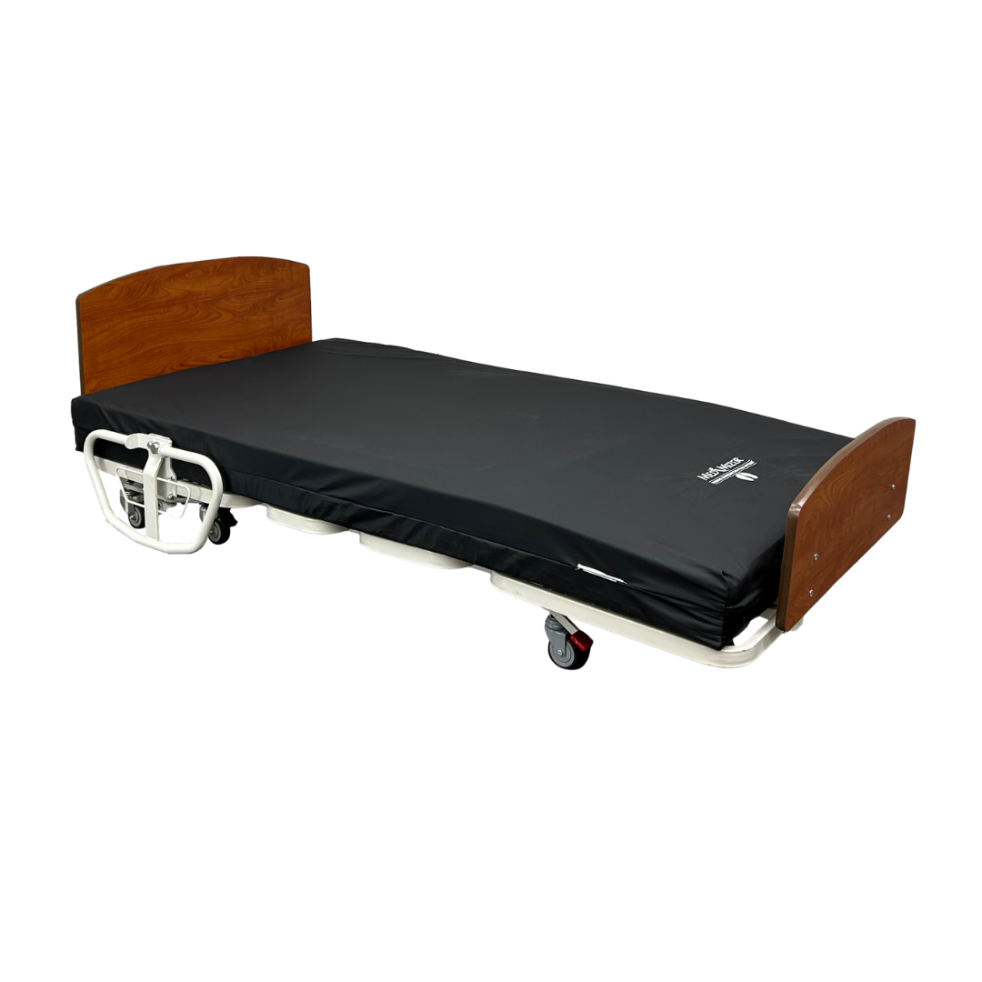 The Med-Mizer RetractaBed Bariatric Hi/Low Electric Bed—featuring width adjustability, a black mattress, wooden headboard/footboard, safety rails, and wheels—is shown against a plain white background.