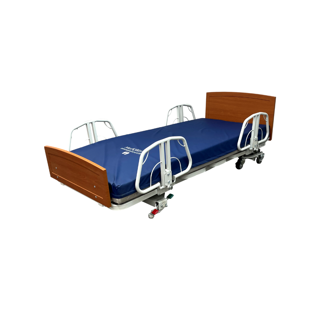 The Med-Mizer RetractaBed - Bariatric Hi/Low Electric Bed, width adjustable with blue mattress, wooden headboard and footboard, white metal rails for space-saving safety, and wheels for mobility, is shown against a white background.