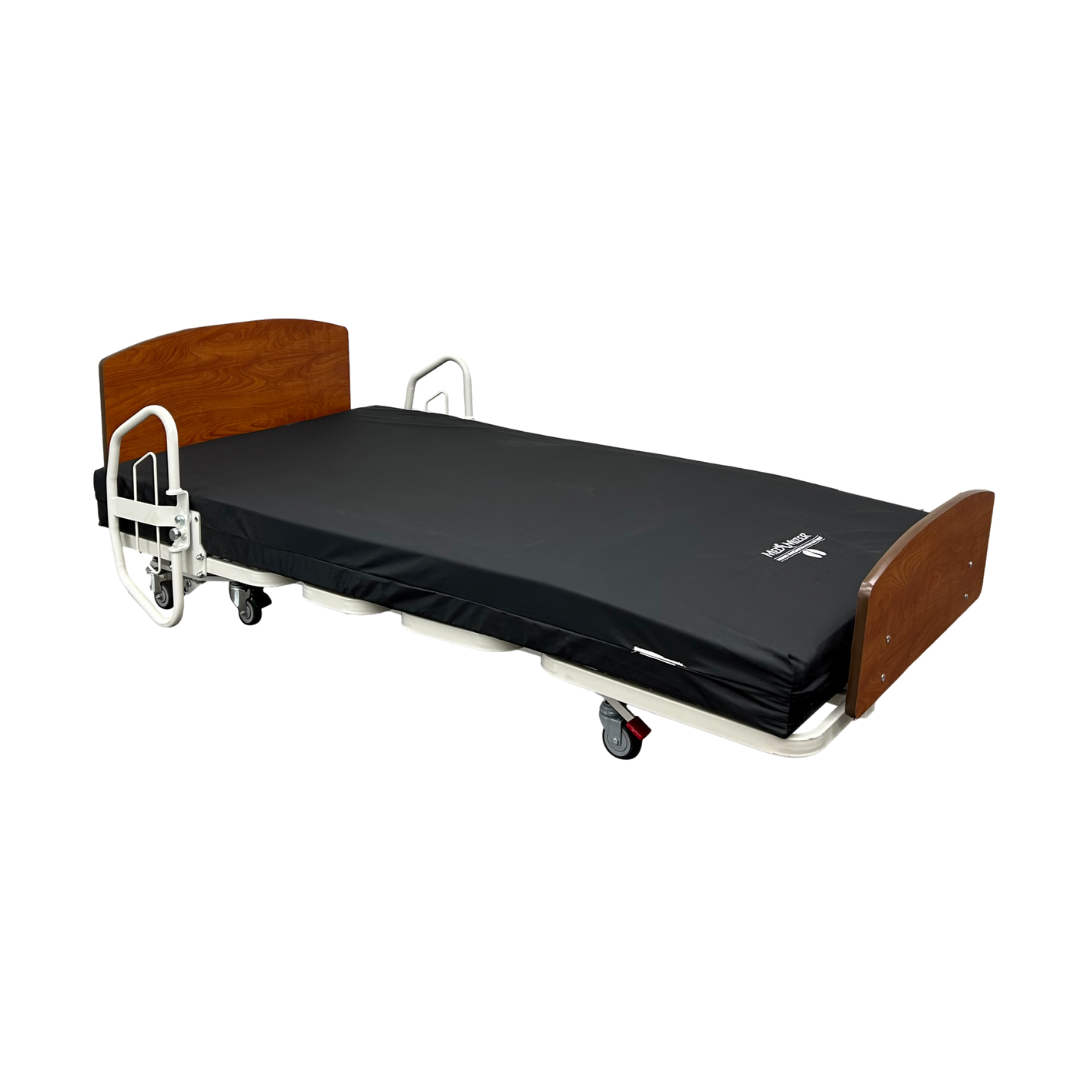 The Med-Mizer RetractaBed Bariatric Hi/Low Electric Bed features a width-adjustable frame, dark wood headboard and footboard, black mattress, safety rails, and wheels, shown against a plain white background.
