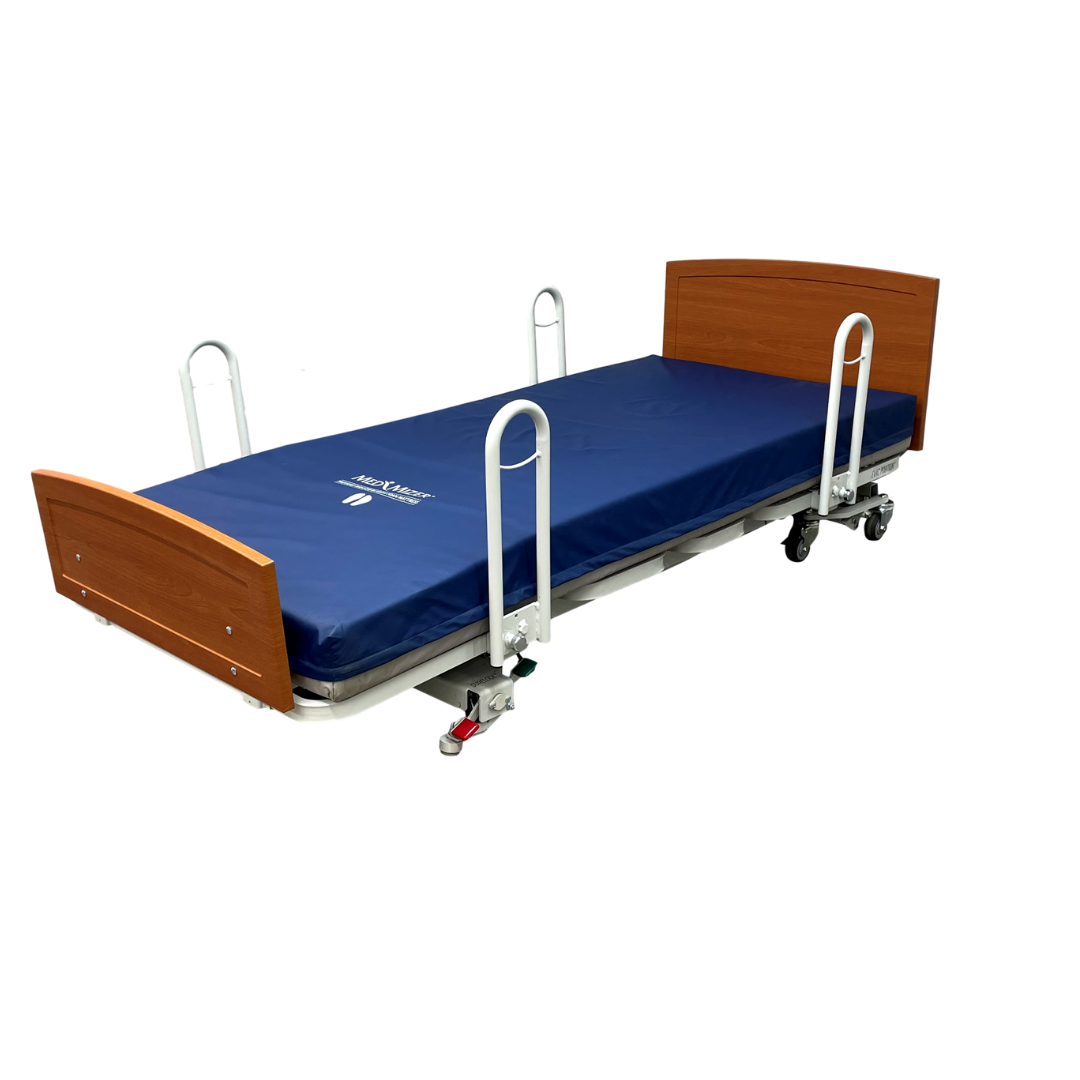 The Med-Mizer RetractaBed Bariatric Hi/Low Electric Bed features adjustable width, wooden head and footboards, a blue mattress, white metal safety rails, and black wheels, all shown on a white background.