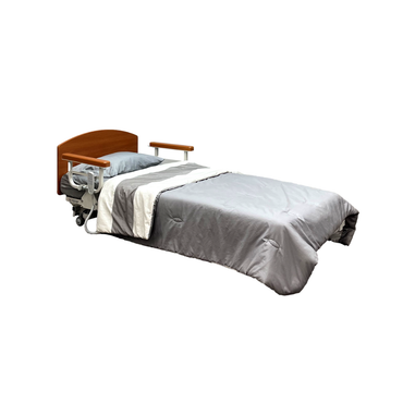 The Med-Mizer RetractaBed Bariatric Hi/Low Electric Bed features adjustable width, a wooden headboard, safety rails, and gray bedding with a pillow and blanket, all shown on a white background.