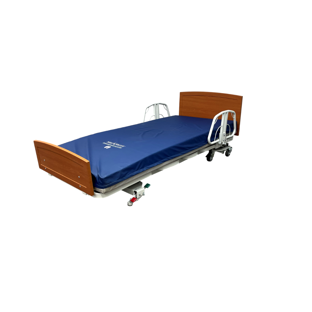 The Med-Mizer RetractaBed Bariatric Hi/Low Electric Bed, with width adjustment, features a blue mattress, metal safety rails, and wooden headboard and footboard. Shown on wheels against a white background.