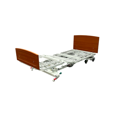 The Med-Mizer RetractaBed Bariatric Hi/Low Electric Bed, width adjustable with metal rails, wooden head and footboards, and caster wheels offers a space-saving safety design, shown isolated on a white background.