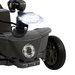 Close-up of a dark grey Reyhee Cruiser Portable Electric Mobility Scooter wheel with a circular white design, a mounted rectangular LED headlight, and textured tread. Its sleek frame and wiring highlight its advanced, seamless mobility for FDA-cleared use.