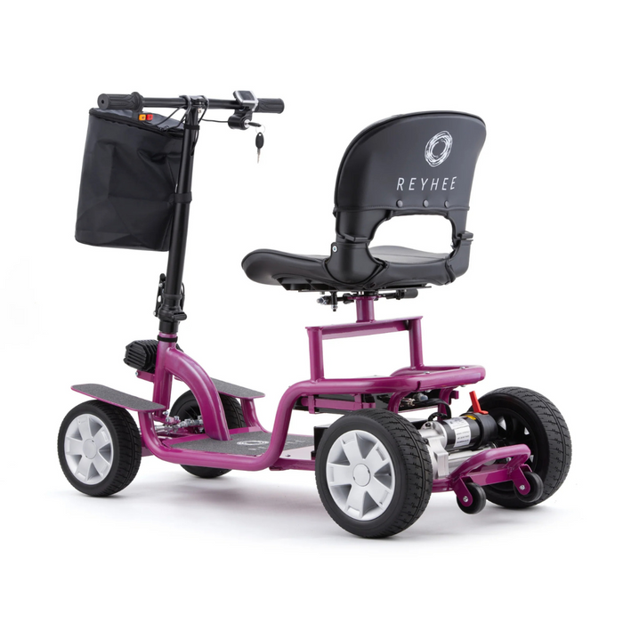 The Reyhee EXO Portable 4-Wheel Mobility Scooter is a stylish purple scooter with a black seat and storage basket on the handlebar. Featuring REYHEE branding on the seat back, its perfect for easy transport and versatility against a pristine white background.