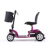 The Reyhee EXO Portable 4-Wheel Mobility Scooter, featuring a purple frame with black seat and handlebars, includes a front basket and silver wheels. Its designed for personal transportation and suitable for both indoor and outdoor use.