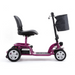 Side view of the Reyhee EXO Portable 4-Wheel Mobility Scooter with a purple sturdy frame, black cushioned seat, handlebars featuring a small black basket, and silver wheels. Its compact design ensures its lightweight and easy to transport.