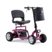 Introducing the Reyhee EXO Portable 4-Wheel Mobility Scooter: a compact, foldable mobility solution with a pink frame and black seat. It features a small front black storage bag, handlebars with controls, and four sturdy wheels for seamless travel.